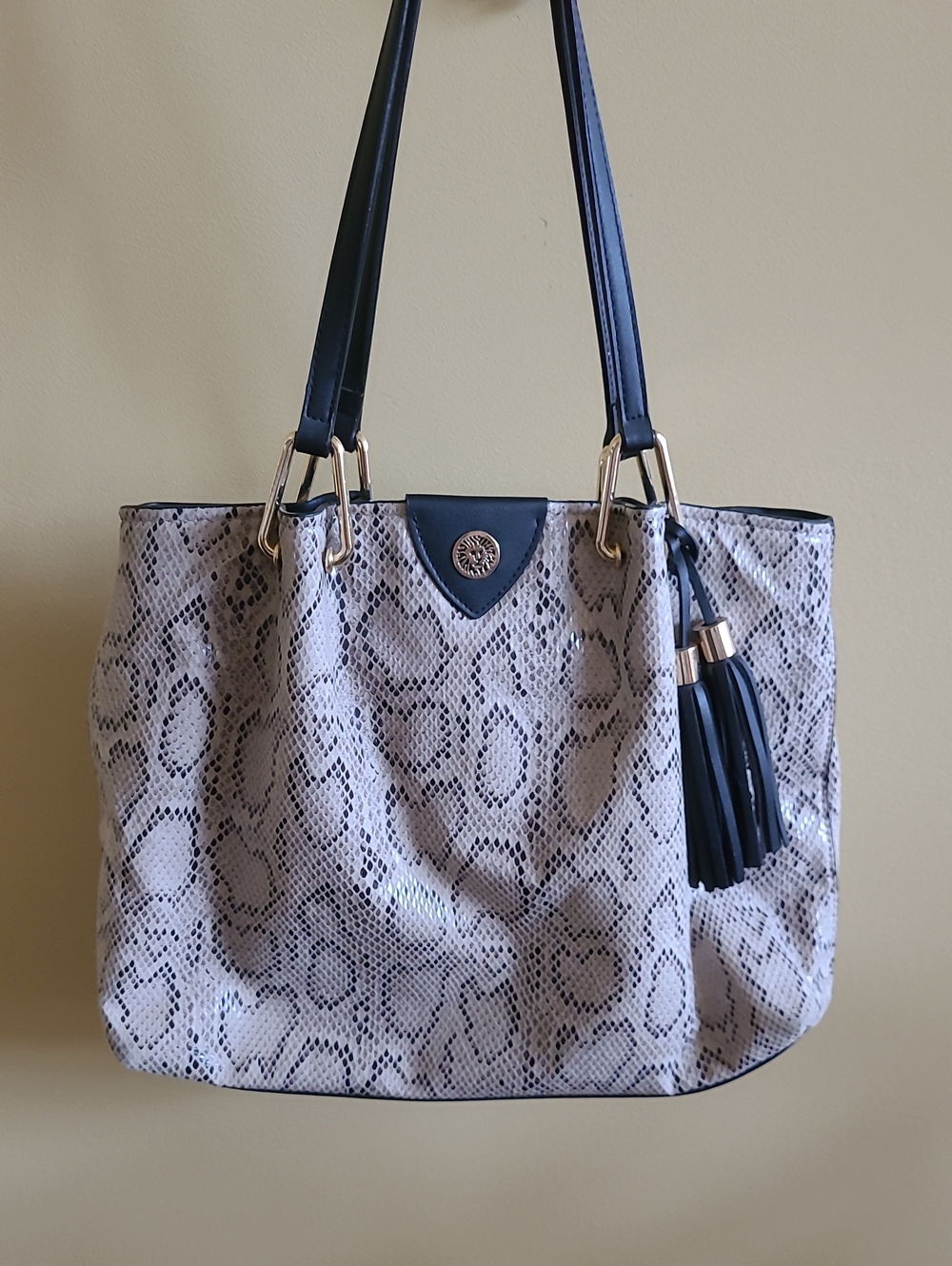 Anne Klein Large Snake-Print Tote Bag with Black Trim